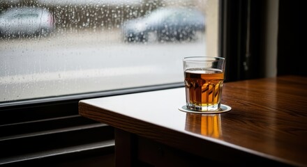 Glass of tea on wooden table by rainy window with blurred background scene