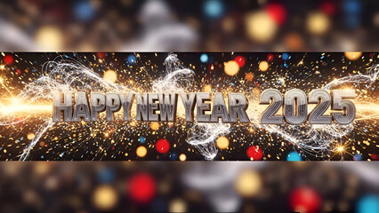 Happy New Year 2025 festive banner with sparkling lights and bokeh perfect for holiday greetings and celebrations