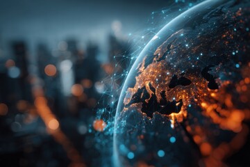 Explore urban landscapes blended with futuristic elements showcasing a glowing globe cityscape and intricate network visualizations across a vibrant digital backdrop