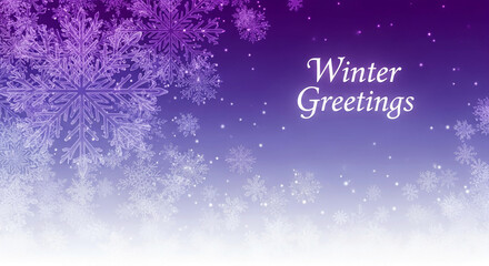 Gradient purple backdrop with many fractal snowflake shapes, representing winter season, cold, and icy concepts, with winter greetings text message