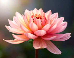 Delicate pink dahlia flower in full bloom with soft sunlight and blurred background