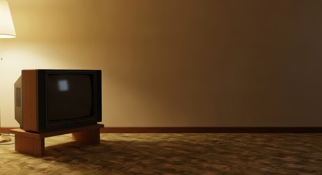 Retro crt tv on wooden stand in vintage room with carpet and lamp - Powered by Adobe
