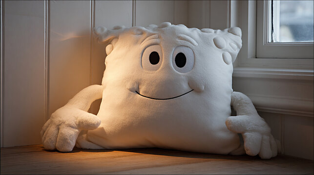 Soft plush pillow character with a friendly smile, resting on wooden floor near a window, creating a cozy and inviting atmosphere in a well-lit room