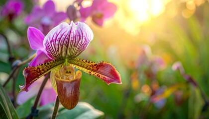 Exotic lady slipper orchid in full bloom. Warm light filters through the blurred, lush garden backdrop