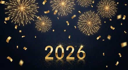 Illustration of golden fireworks and confetti on dark background, with "2026" in golden numerals, symbolizing celebration, future events, and festive occasion