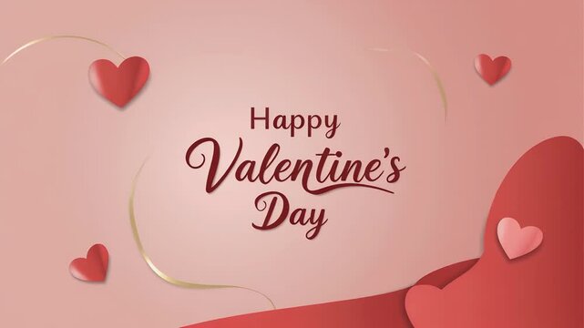 Romantic background design for Valentine's Day with 3D hearts and elegant golden lines on a soft pink gradient