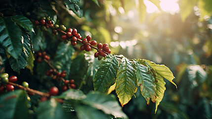 Coffee plant with ripe red berries and vibrant green leaves illuminated by sunlight, showcasing the beauty of nature and agricultural cultivation in a lush environment