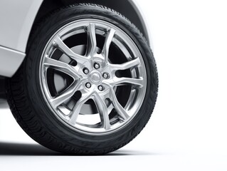Obraz premium A polished car wheel with a stylish design sits prominently against a white background, highlighting its sleek spokes and robust rubber tire