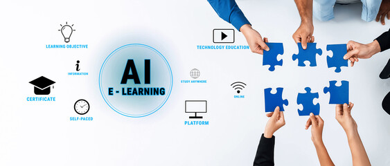 Engaging scene of multiple hands assembling blue puzzle pieces, symbolizing collaborative learning in an AI e-learning setting focused on technology education. Trope