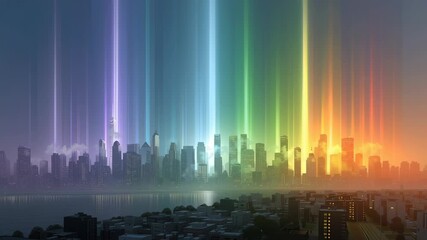 A futuristic city skyline glows with vertical beams of colorful light rising into the sky, creating a dramatic and vibrant sci-fi atmosphere over the waterfront. - Powered by Adobe