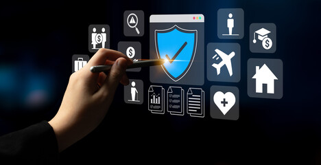 Various insurance icons like travel, health, home, and car protection connected to a central blue shield icon Parse