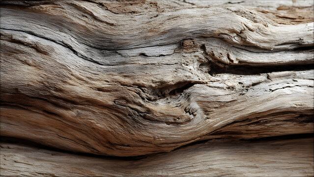 A close-up texture of driftwood showing smooth worn surfaces shaped by water with natural grain details