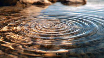 A close-up water surface showing soft concentric ripples forming gentle circular patterns under natural light