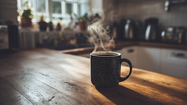 Black ceramic mug with steam rising sits on a wooden kitchen countertop, surrounded by plants and kitchen appliances, creating a warm and inviting atmosphere for morning coffee