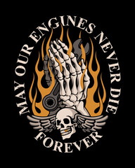 High-quality Biker or Mechanic vector illustration featuring a winged skull, praying skeleton hands holding a wrench, and intense flames.
