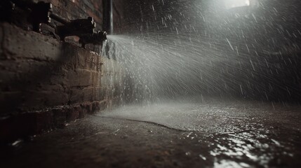 Basement corner with heavy water ingress showing wet concrete, leaking pipe and pooled water &acirc;&euro;&rdquo; illustrating moisture mitigation need.