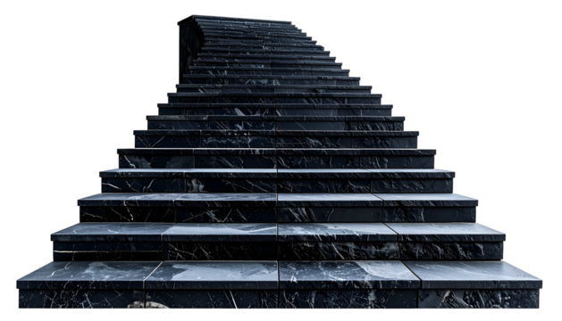 Ascending view of a long, dark marble staircase against a stark black background
