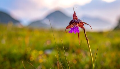 Close-up of a single, vibrant purple flower against a blurred backdrop of grassy hills and distant mountains