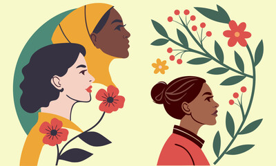 Diverse Women Faces with Flowers and Nature Elements Illustration
