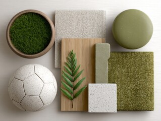 Curated collection of materials highlighting natural textures and vibrant colors for a modern football-themed children's space. Each element reflects playful themes