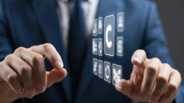 Businessman using digital interface with various icons concept for data management process with - Powered by Adobe