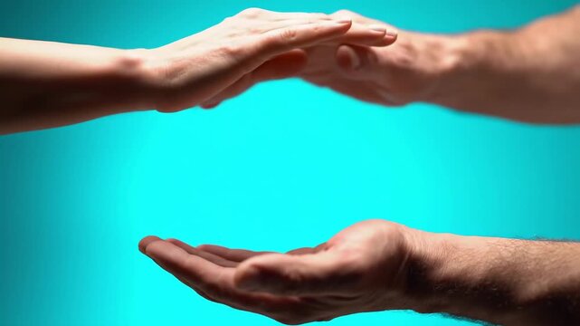 Male and female hands creating a protective gesture over an open palm, symbolizing support, safety, human connection, and gentle care