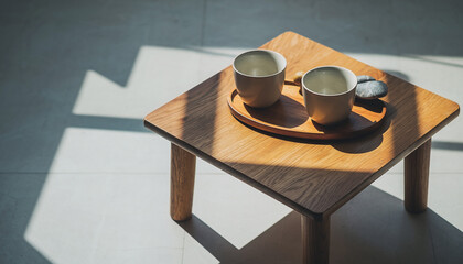 Morning coffee beverage in a white ceramic mug on a kitchen table with stainless steel utensils next to the sink