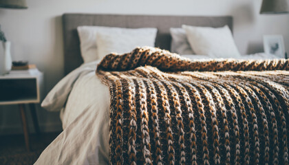 White fluffy cotton pillows on a cozy bed in a hotel room with warm knitted woolen material and texture