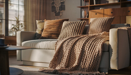 Contemporary luxury living room interior design with comfortable sofa, furniture, and light decoration