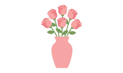 A bouquet of seven pink roses in a tall pink vase isolated on white background