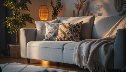 Luxury living room interior design with comfortable sofa, pillows, and decorative floor lamp in an upscale apartment