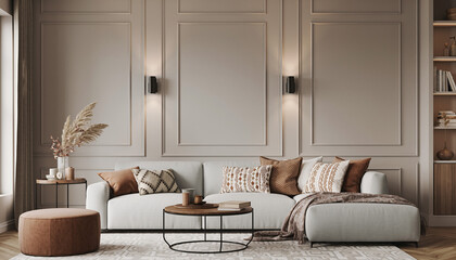 Modern luxury living room interior design with comfortable sofa, armchair, and elegant wooden floor and wall decoration