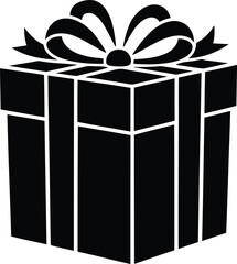 Black silhouette of a gift box wrapped with a bow and ribbon, representing holidays, celebration, surprise, and birthday present.