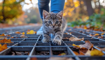 Adorable young tabby kitten with bright eyes and white fur in an autumn garden