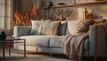 Luxury modern home interior of a comfortable living room with fireplace, stylish furniture, and nobody relaxing in the apartment decor