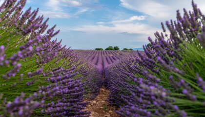 Purple lavender flower fields in Provence, France, creating a beautiful summer nature landscape under a blue sky