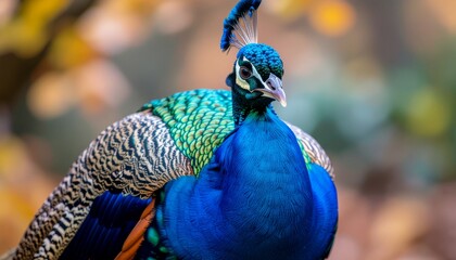 Beautiful closeup portrait of a colorful blue and green peacock with its bright tail feathers out in a zoo