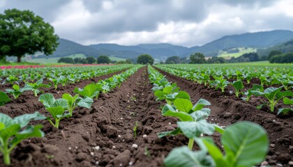 Green field of corn rows, a summer farm landscape of agricultural plant growth under a blue sky