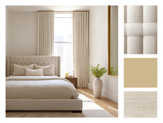 This moodboard features a modern classic bedroom with soft textures, warm tones, natural light from large windows, and elegant decor elements