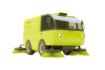 A green colour street sweeper truck isolated on white background.