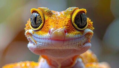 Close-up of a smiling orange gecko with large, captivating eyes against a soft, blurred natural background