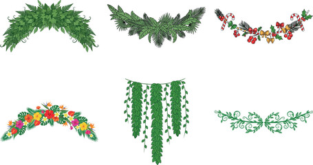 Collection of six decorative floral elements isolated on transparent background, perfect for adding a touch of nature