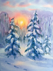 Snowy winter forest landscape painted in watercolor