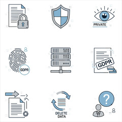 Data privacy and gdpr icon set for digital security and protection isolated on white background, Vector