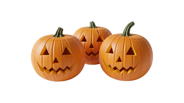 Three carved halloween pumpkins isolated on transparent background