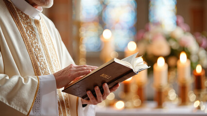 close up of a priest holding and reading a bible in a softly lit church surrounded by warm glowing candles during a religious ceremony