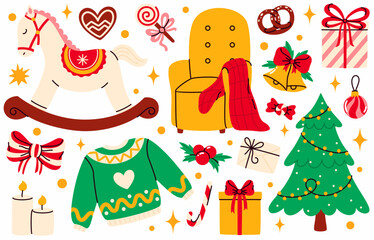 Naklejka premium A set of Christmas elements. Bells, a Christmas tree, gifts, a chair with a blanket, candles, toys, and sweets.