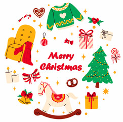 Naklejka premium A Merry Christmas card with Christmas decor. Bells, a Christmas tree, gifts, a chair with a blanket, candles, toys, and sweets.