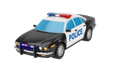 A glossy, black and white patrol car with lights flashing.