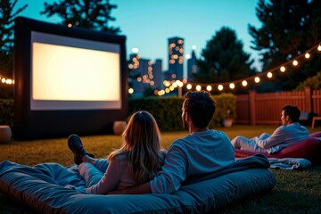 - Couple enjoying a backyard movie night snuggled in a homemade fort of blankets